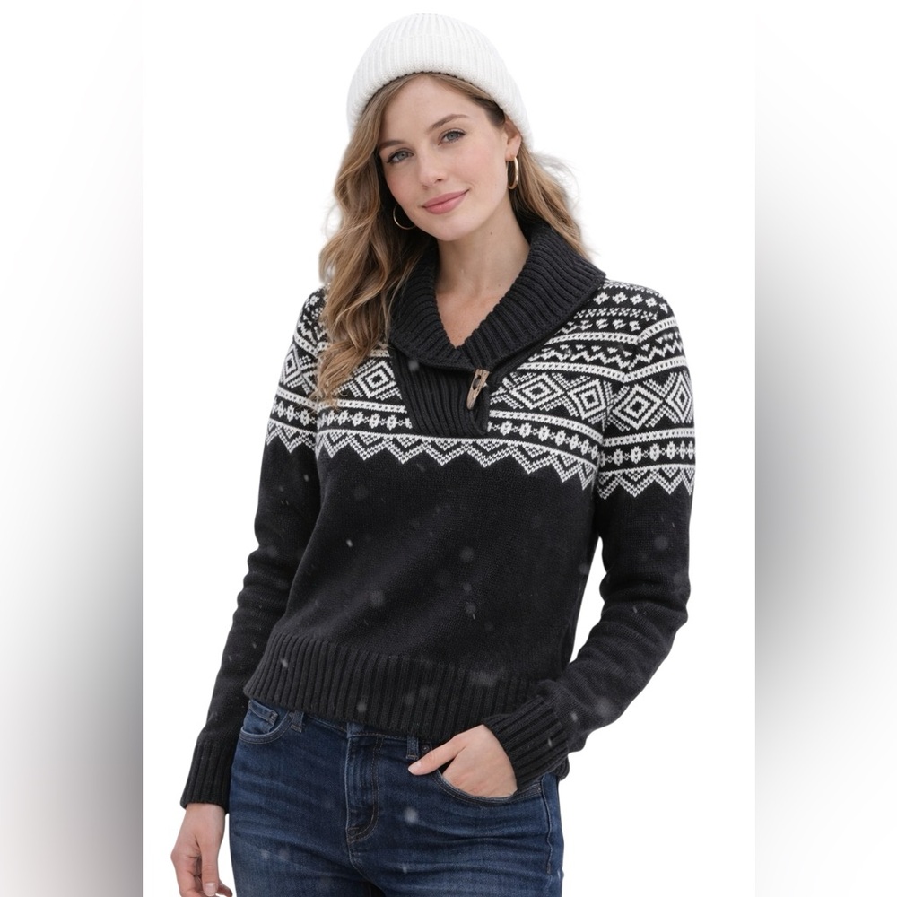 Lauren Ralph Lauren Petite Fair Isle Sweater Black White Shawl Collar P/P